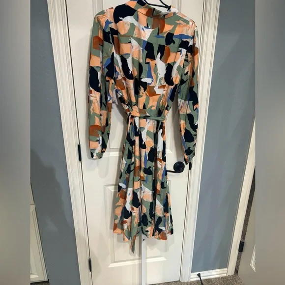 Nine West Abstract Print Tie Waist Midi Shirt Dress Size Large - Picture 3 of 6